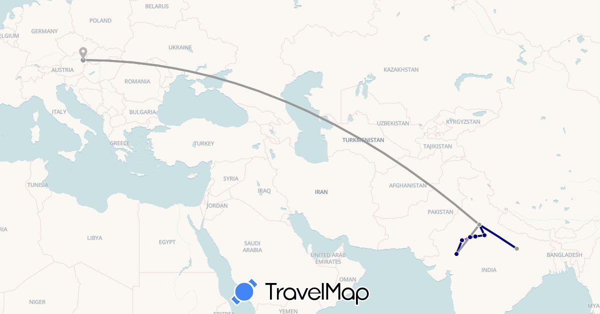 TravelMap itinerary: driving, plane, train in Austria, India (Asia, Europe)